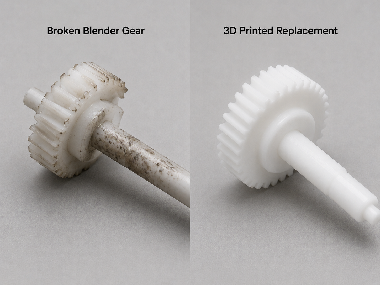 Broken blender gear and 3D printed replacement
