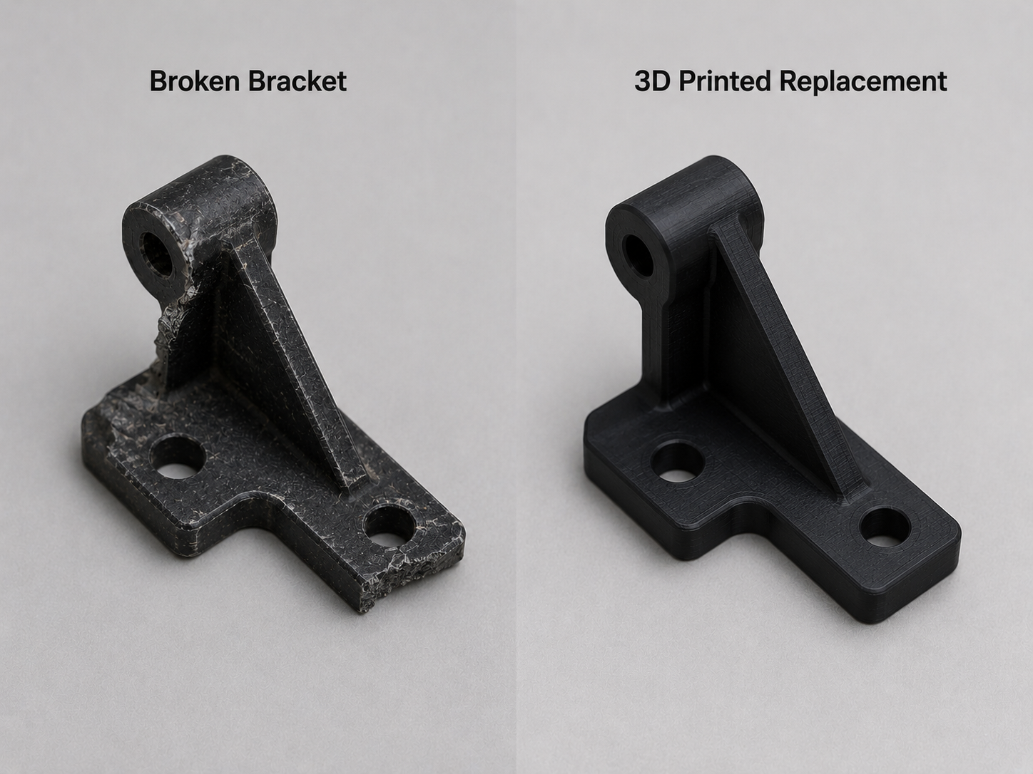 Broken plastic bracket and 3D printed replacement
