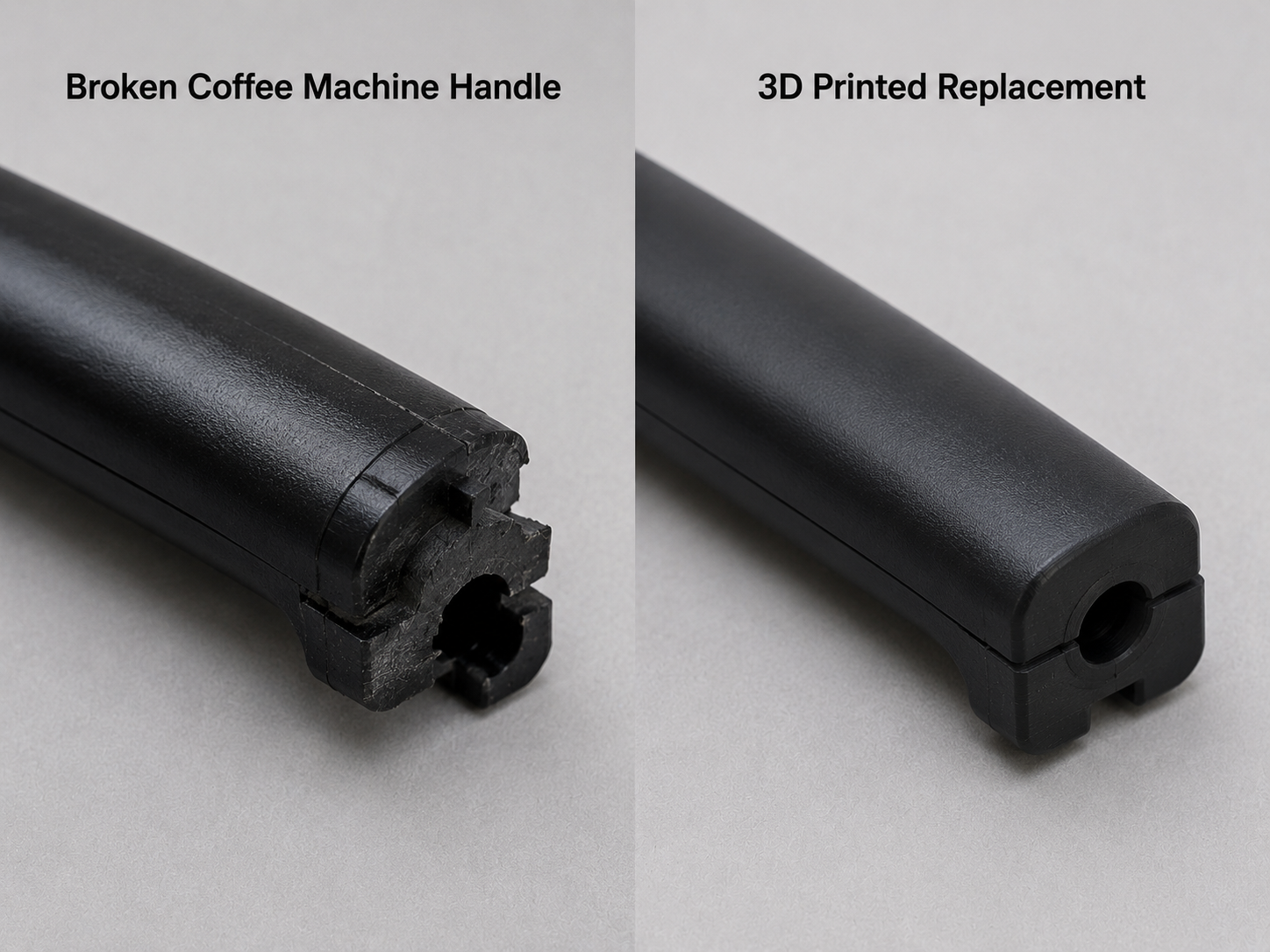 Broken coffee machine handle and 3D printed replacement